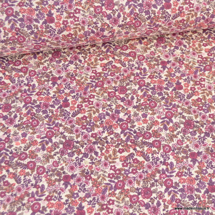 Tissu cretonne coton Barbara petites fleurs violettes fond écru