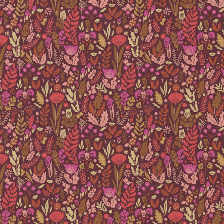 Tissu cretonne coton Malvina fleurs roses fond chocolat