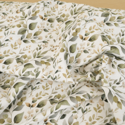 Tissu cretonne coton Luara feuillage vert fond blanc