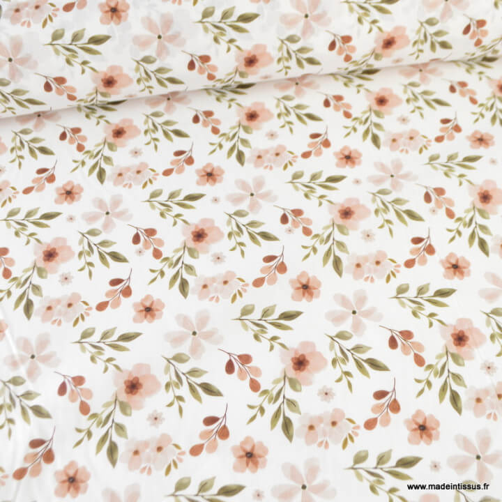 Tissu cretonne coton Zada fleurs jaunes fond blanc