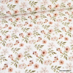 Tissu cretonne coton Zada fleurs jaunes fond blanc