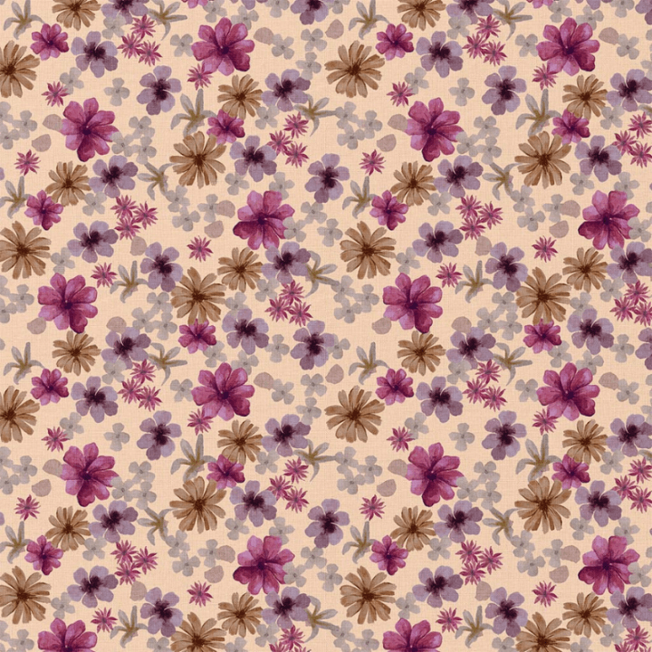 Tissu cretonne coton Aster fleurs violettes fond pêche