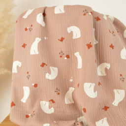 Tissu double gaze de coton Kizou ours & fleurs fond Mocha