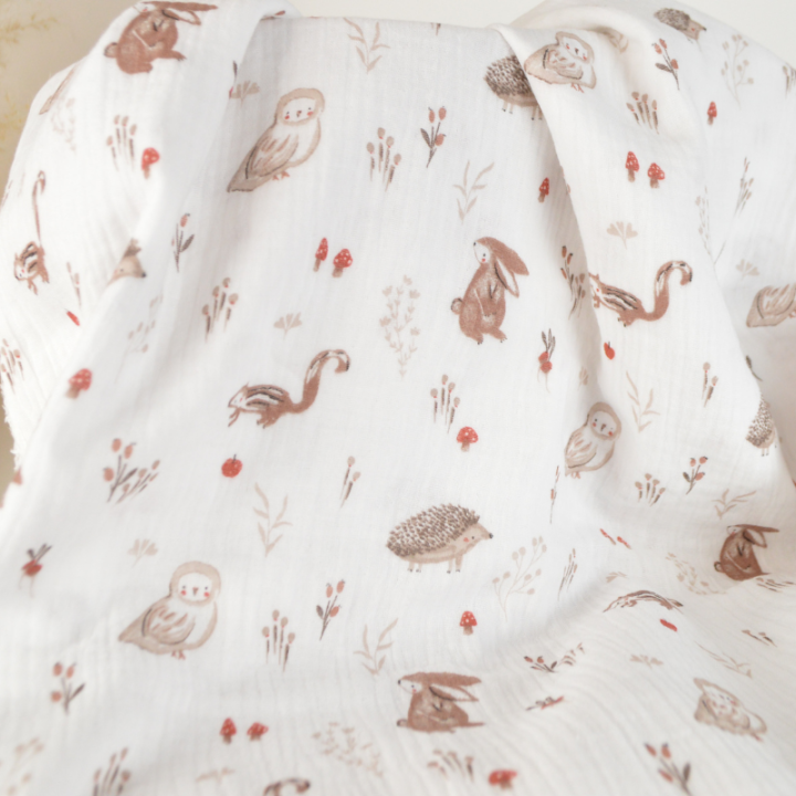 Tissu double gaze de coton Perly animaux de la forêt fond blanc