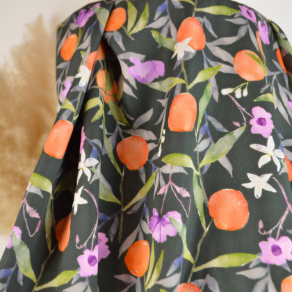 Tissu Satin de Viscose Fruits & Fleurs – Vert foncé