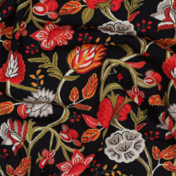 Tissu viscose stretch motif fleurs rouges fond noir