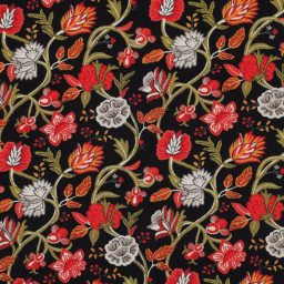 Tissu viscose stretch motif fleurs rouges fond noir