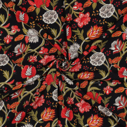 Tissu viscose stretch motif fleurs rouges fond noir