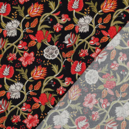 Tissu viscose stretch motif fleurs rouges fond noir