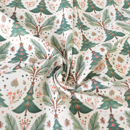 Tissu coton Blutree motifs sapins de Noël fond blanc - Oeko tex