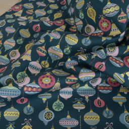 coupon de 170cm de tissu de Noël motif boules de Noël Or fond Pétrole - Oeko tex