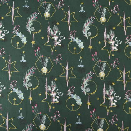 Tissu de Noël motif cercles et étoiles Or fond vert - Oeko tex