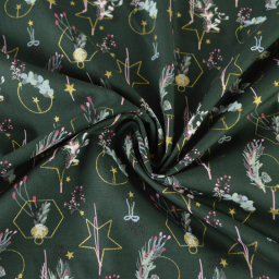 Tissu de Noël motif cercles et étoiles Or fond vert - Oeko tex