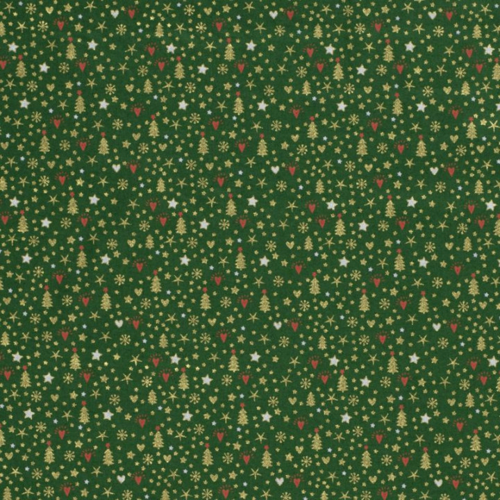 Tissu de Noël motif sapins, coeurs et étoiles or fond verts apin - Oeko tex