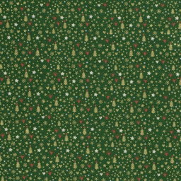 Tissu de Noël motif sapins, coeurs et étoiles or fond verts apin - Oeko tex