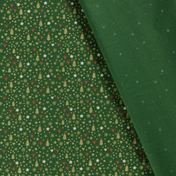 Tissu de Noël motif sapins, coeurs et étoiles or fond verts apin - OEKO TEX