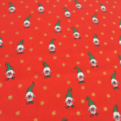 Tissu de Noël motif lutins fond rouge - Oeko tex