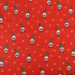 Tissu de Noël motif lutins fond rouge - Oeko tex