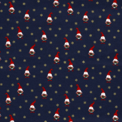 Tissu de Noël motif gnomes fond bleu marine - Oeko tex