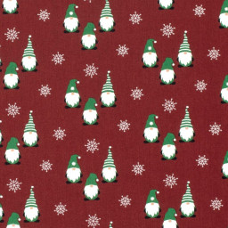 Tissu de Noël motif gnomes fond bordeaux - Oeko tex