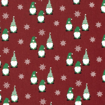 Tissu de Noël motif gnomes fond bordeaux - Oeko tex