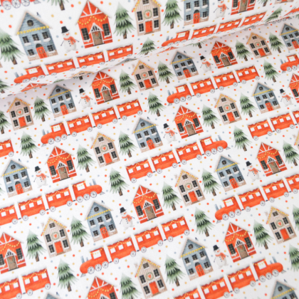 Tissu Sweat molleton de Noël motifs maisons et sapins rouge fond blanc