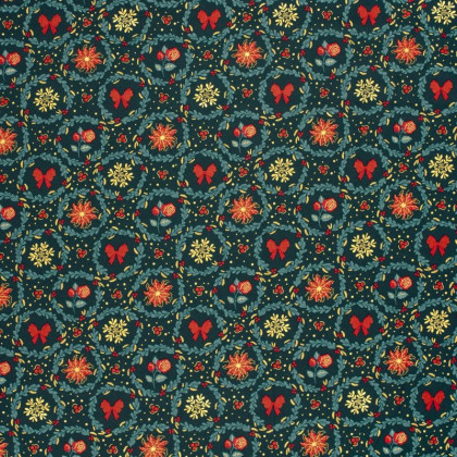 Tissu de Noël motif couronnes de fleurs et noeuds fond vert sapin - Oeko tex