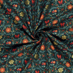 Tissu de Noël motif couronnes de fleurs et noeuds fond vert sapin - Oeko tex