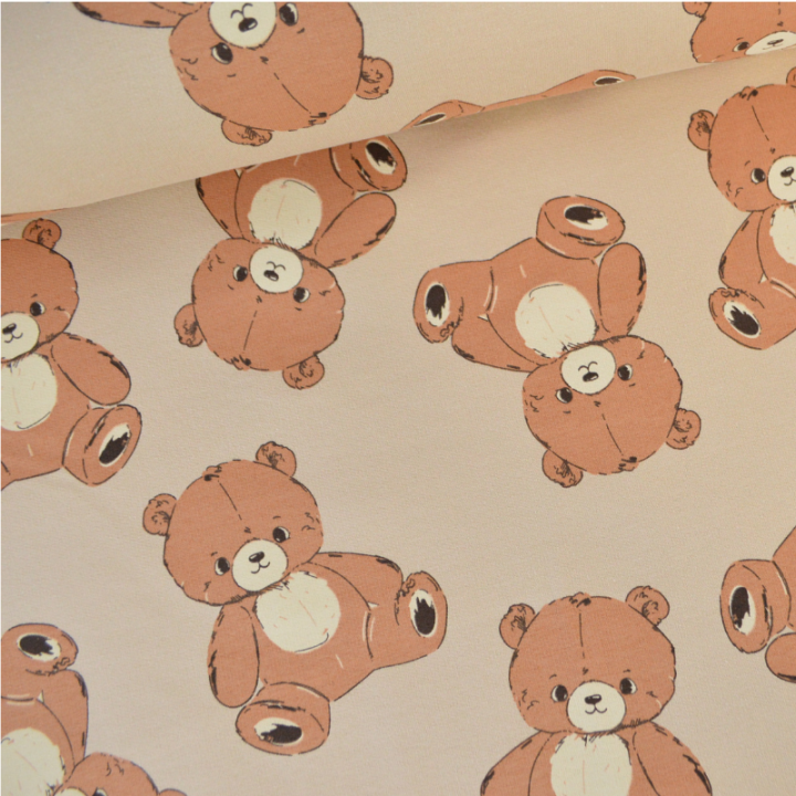 Tissu French Terry coton motif nounours fond beige doux et extensible