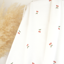 Tissu jersey côtelé fines côtes – Motif cerises fond blanc cassé - OEKO TEX