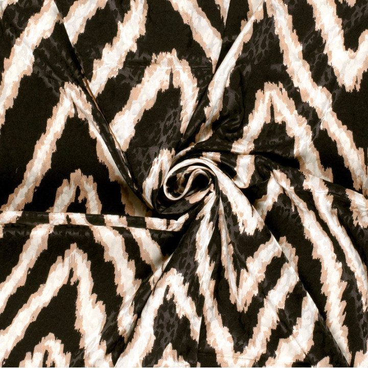 Tissu Satin léopard géométrique Noir et beige - oeko tex