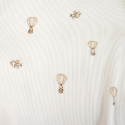 Tissu jersey côtelé fines côtes – Motif fleurs montgolfières fond blanc cassé