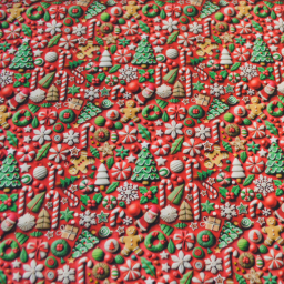 Popeline de coton Noël motif cadeaux, sapin et sucres d'orge rouge