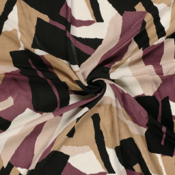 Tissu Satin peau de pêche motif abstrait - Noir et aubergine