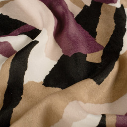 Tissu Satin peau de pêche motif abstrait - Noir et aubergine