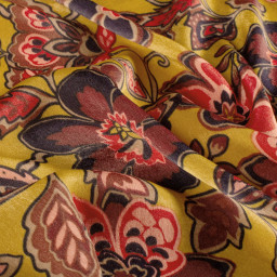 Tissu Satin peau de pêche motif fleurs fond ocre