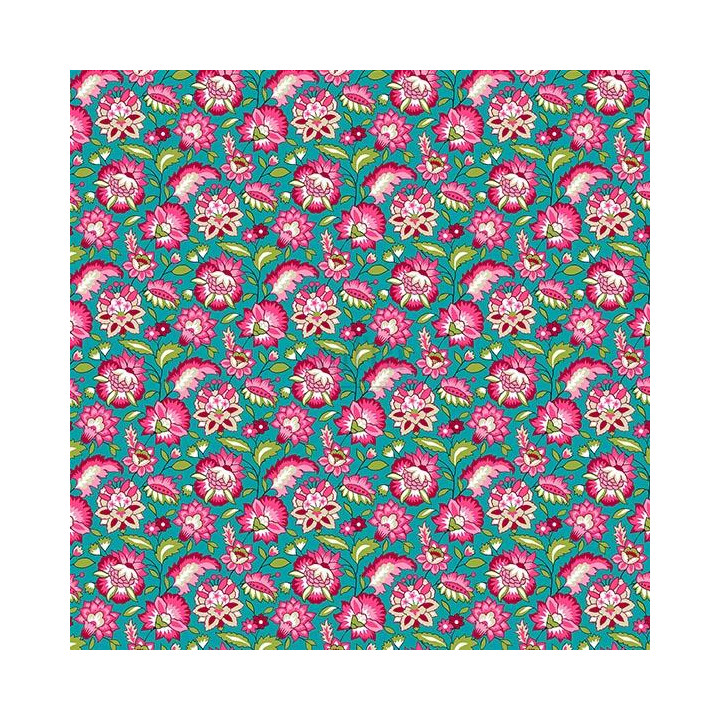 Tissu coton Gange motif fleurs turquoise et rose - oeko tex