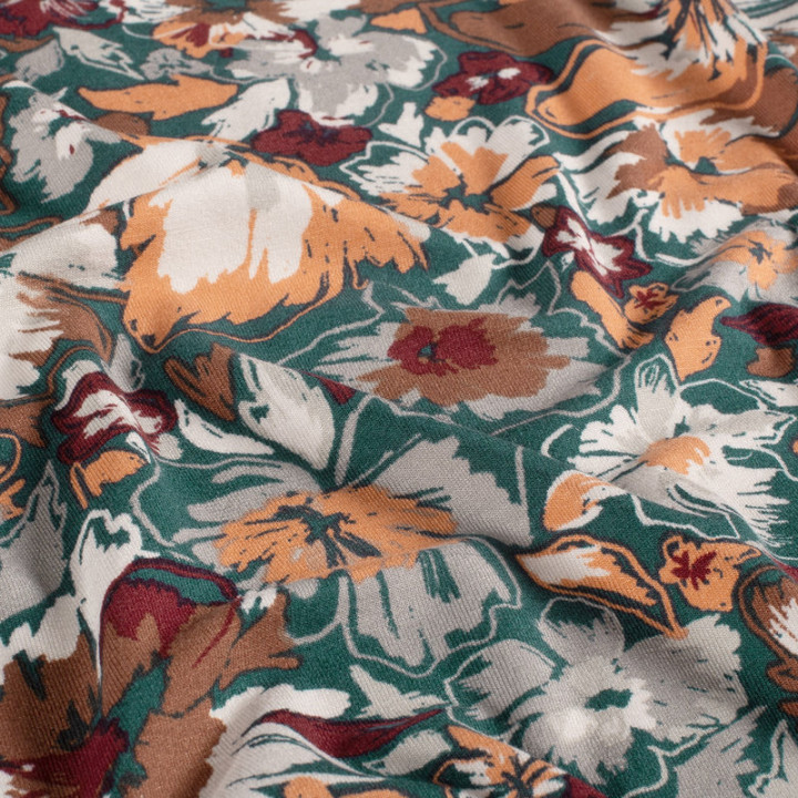 Tissu Jersey de Viscose motifs fleurs fond vert foncé - oeko tex