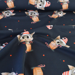 Tissu French Terry coton – Motif chats de Noël fond bleu marine