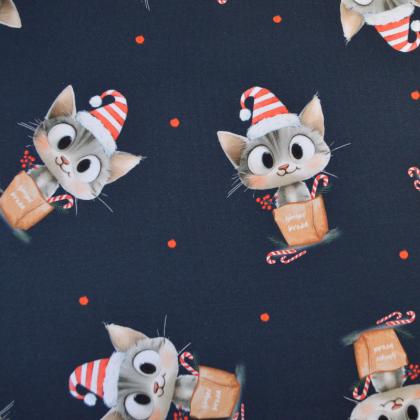 Tissu French Terry coton – Motif chats de Noël fond bleu marine