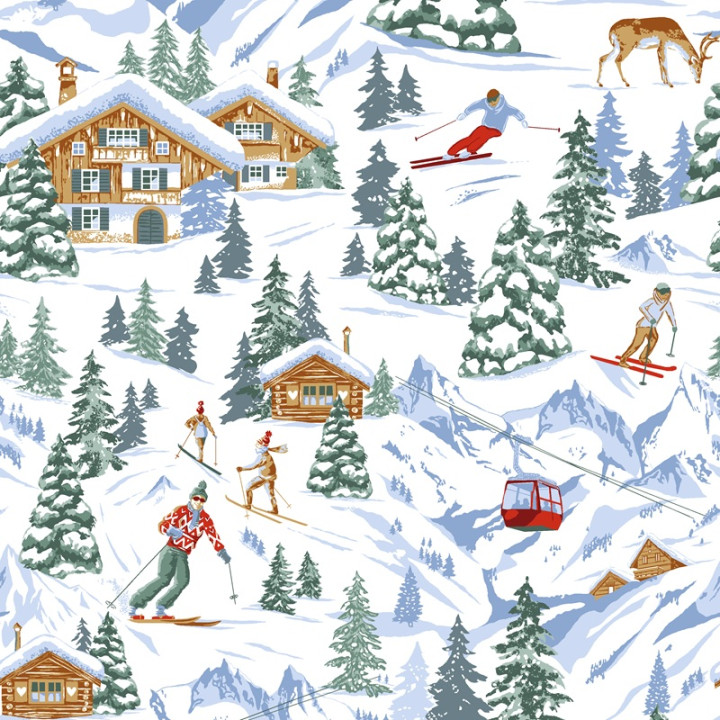 Tissu coton Meribel motif station de ski, montagne et skieur fond blanc