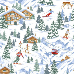 Tissu coton Meribel motif station de ski, montagne et skieur fond blanc