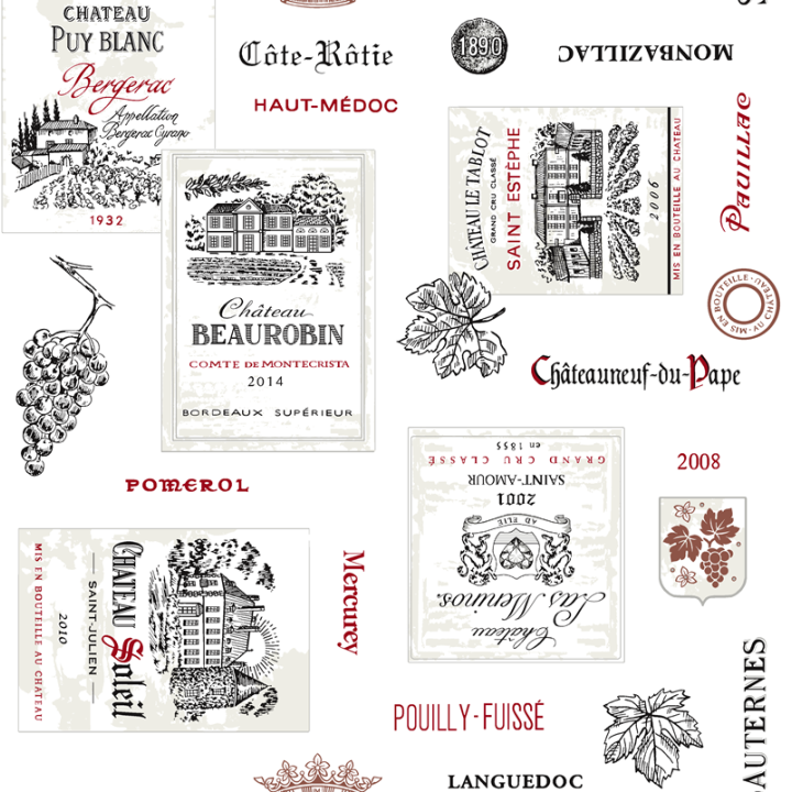 Tissu coton sommelier – Motif étiquettes de vins & grands crus