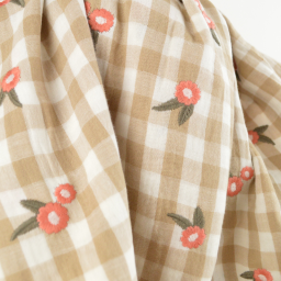 Tissu Double gaze vichy beige brodée fleurs corail - OEKO TEX