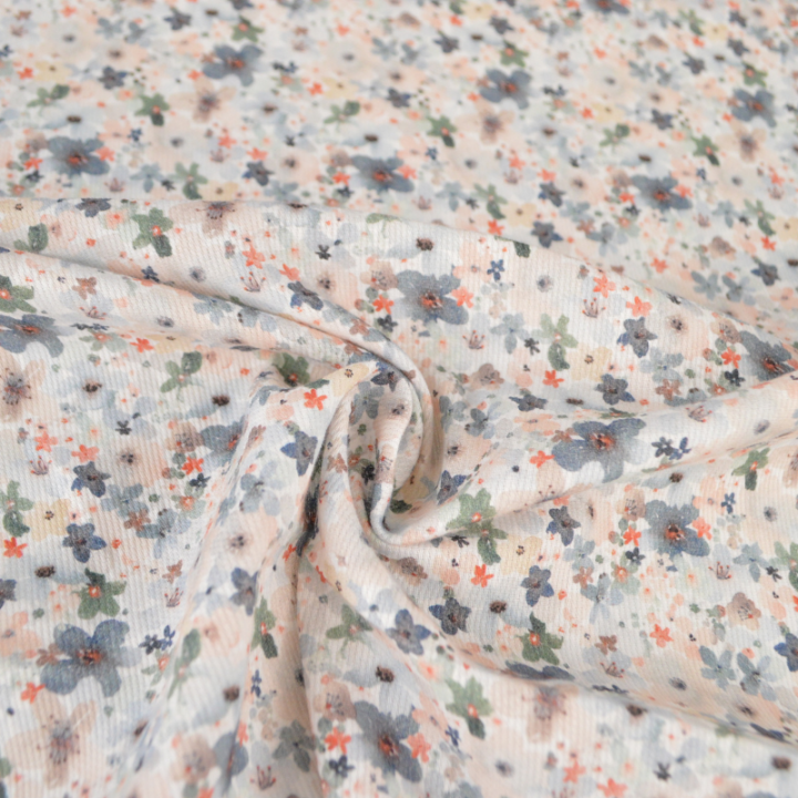 Tissu Piqué de coton motifs fleurs grises et beige - Oeko tex
