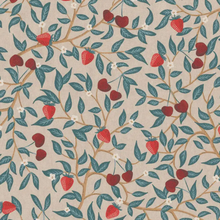 Tissu toile aspect lin – Motif fraises & feuillage