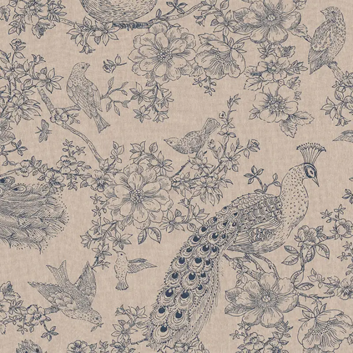 Tissu toile aspect lin – Motif paon & oiseaux bleus