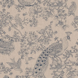 Tissu toile aspect lin – Motif paon & oiseaux bleus