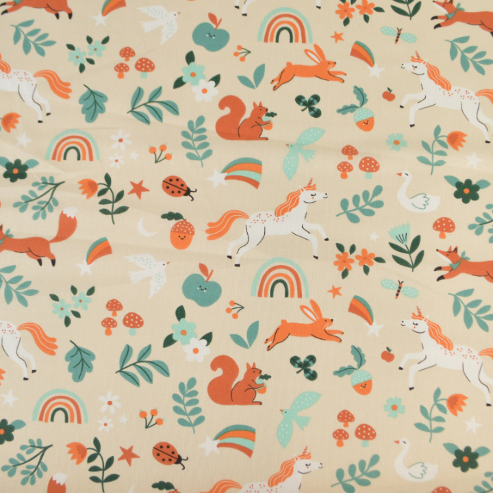 Tissu coton Cassiopée - Motif animaux et licornes fond Crème