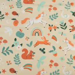 Tissu coton Cassiopée - Motif animaux et licornes fond Crème